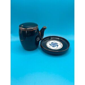 Vintage Japanese  Tenmoku glaze  Ceramic Sauce Pot With Lid & Matching Saucer